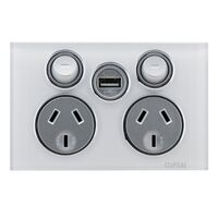 Saturn Series, Socket Outlet, Twin switched, Assembled, Single USB charger, Horizontal, 240 V, 10 A - Pure White