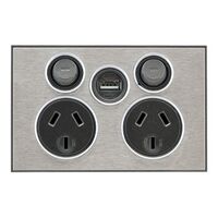Saturn Series, Socket Outlet, Twin switched, Assembled, Single USB charger, Horizontal, 240 V, 10 A - Horizon Silver