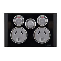 Saturn Series, Twin Switched Socket Outlet, 250V, 10A with Extra Switch - Espresso Black