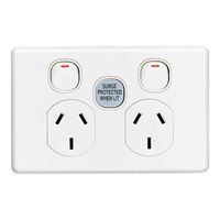Classic C2000 Series, Switched Socket Outlet, Twin, 250V, 10A, 1 Pole, Surge Protection - White Electric