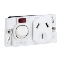 Medilec, Single Switch Socket Outlet, 250V, 10A, O Style, 2 Pole, Horizontal, Neon - White Electric