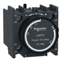 TeSys D, Time delay Auxiliary Contact Block, TeSys Deca, 1NO + 1NC, on delay 10-180s, front, screw clamp terminals