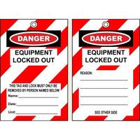 SAFETY TAG, POLY. 140 x 75mm EQUIPMENT LOCKED OUT [25] PK
