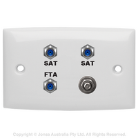 OUTLET, WALLPLATE, 3 X F FEMALE 3 GHz + EARTH, FOXTEL LOGO & FTA
