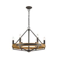 PENDANT SESx6 Small OD662mm Candelabra Medium Oak Wood & Satin Brass Hardware