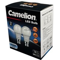 CAMELION LED LIGHT GLOBE 11W 240V BAYONET 2PK - DAYLIGHT 6500K