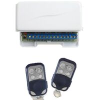4-Relay Receiver with 2 Remote FOBs | SPDT Outputs | Expandable to 500 Remotes | by Dicker Data