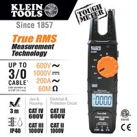 Electrical Tester, Open-Jaw Fork Meter, AC Auto-Ranging, 200 Amp