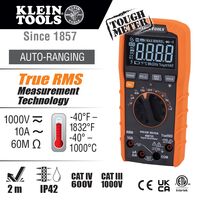 Digital Multimeter, TRMS Auto-Ranging, 1000V, Temp, Low Impedance