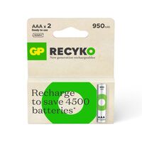GP Recyko 1.2V AAA 950mAh Rechargeable Battery | Low Self-Discharge | Card of 2 | by Powercell