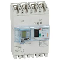 DPX³160 thermal magnetic release circuit breaker with earth leakage module, 4 poles 80A and breaking capacity 25kA