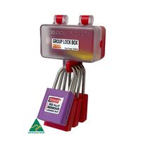 GROUP LOCK BOX, RED W/CLR LID 4 PADLOCK HOLES