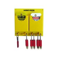LOCKOUT STATION WITH 5 RED PADLOCKS, HASP, VARIOUS TAGS