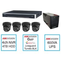 4 Channel CCTV Kit with 6MP ColorVu Turrets Black and UPS Hikvision