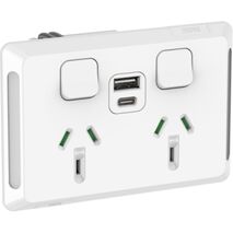 Pro Series, Twin Power Point, Horizontal Mount,1Ex2USBCHRG, Type A+C, 10A, 250V - Extra Vivid White