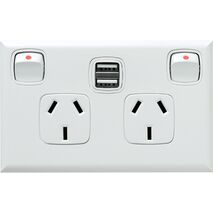 Excel - Horizontal double powerpoint with dual USB charger for plasterboard and single brick installations 2 gang 10A 240V a.c. 2x2.4A white