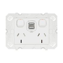 Arteor - Engraved Horizontal double powerpoint for plasterboard and single brick wall installation 2 gang 10A 240V a.c. with USB charger 2x2.4A white