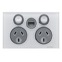 Saturn Series, Socket Outlet, Twin switched, Assembled, Single USB charger, Horizontal, 240 V, 10 A - Pure White