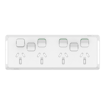 Pro Series, Quad Power Point Skin with 2 extra switches, Horizontal Mount, 250V, 10A, Clip-On - Extra Vivid White
