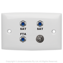 OUTLET, WALLPLATE, 3 X F FEMALE 3 GHz + EARTH, FOXTEL LOGO & FTA