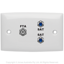 OUTLET TRIPLE WALLPLATE, PAL FEMALE TO F FEMALE & 2x F FEMALE TO 2x F FEMALE, 3 GHZ, FOXTEL LOGO
