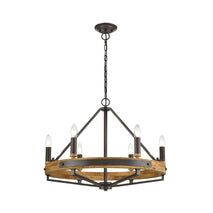 PENDANT SESx6 Small OD662mm Candelabra Medium Oak Wood & Satin Brass Hardware