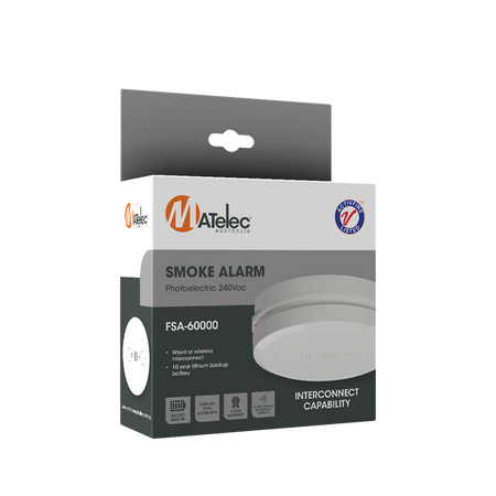 240V Deluxe Photoelectric Smoke Detector with Back-up 10yr Lithium Battery