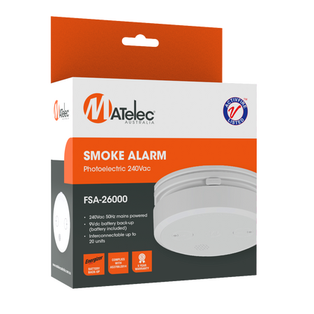 240V Photoelectric Smoke Detector includes 9V Back-up Battery