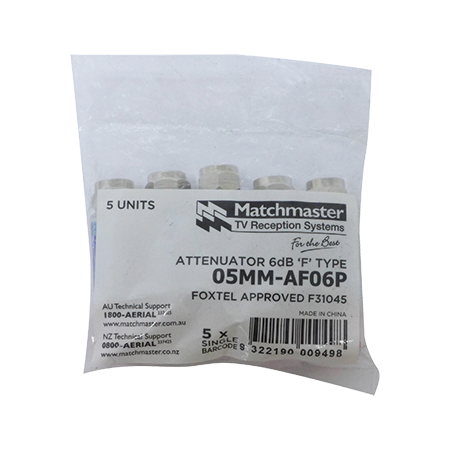 Attenuator 6dB 'F' Type Power Pass (5 Pack)
