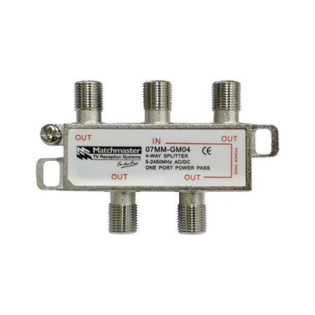 4 Way ‘F’ Type Splitter 5-2450MHz AC/DC One Port Power Pass