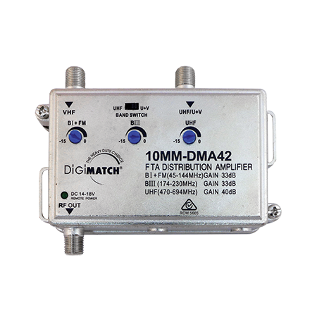Distribution Amplifier UHF/VHF 40dB with 4G/5G Filter and Power Supply