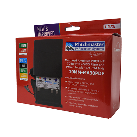 Masthead Amplifier VHF/UHF 30dB with 4G/5G Filter and Power Supply - 174-694MHz