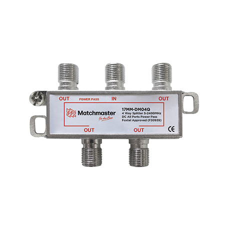 4 Way ‘F’ Type Splitter 5-2400MHz DC All Ports Power Pass