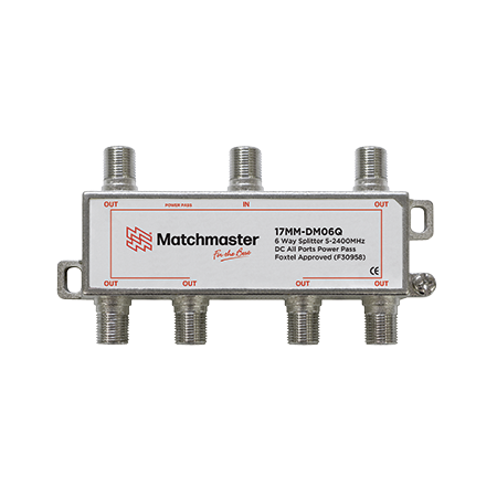 6 Way ‘F’ Type Splitter 5-2400MHz DC All Ports Power Pass (Bag)