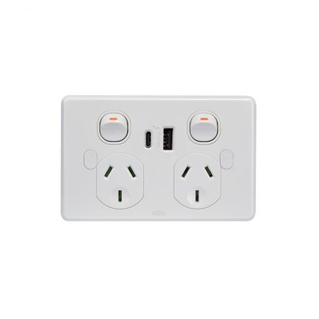 Puma -u00a0Power Point Switched 2 Gang 10A 250V Double Pole Shuttered with USB Charger Dual Integrated Type A&C 5V 1.7A 3.4A Vandal Proof with Nonremovable Cover White  x1 - PUPPUSB2GACVPD