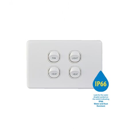 Puma -u00a0Switch Horizontal 4 Gang 10AX 250V~ IP66 Labelled FAN LIGHT HEAT HEAT  x10 - PUSW4G66FLHH