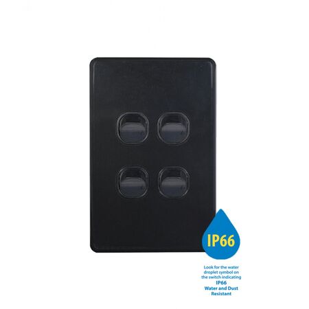 Puma -u00a0Switch Vertical 4 Gang 10AX 250V~ IP66  Matt Black x10 - PUSWV4G66MBK