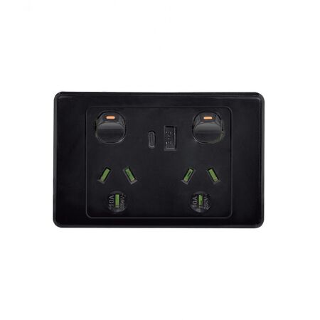 Cougar -u00a0Power Point 2 Gang 10A 250V USB Charger Dual Fully Integrated Type A and C 3.4A 5V  Black x1 - COPP2USB2GACBK