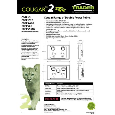 Cougar - Power Point Switched 2 Gang, 10A 250V~  White x10 - COPP2G