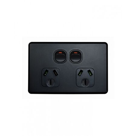 Flat Cat - Power Point Switched 2 Gang 15A 250V~  Matt Black  x1 - FLPP152GMBK