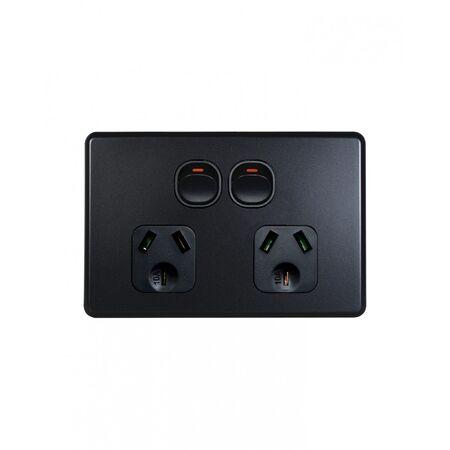 Flat Cat - Power Point Switched 2 Gang 10A 250V~  Matt Black x10 - FLPP2GMBK