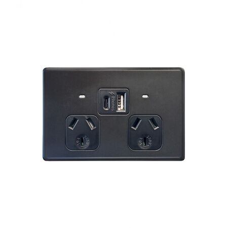 Flat Cat - Power Point Fully Integrated Dual USB Charger (Type A & C) Auto Switched  Matt Black  x1 - FLPP2USBAUMBK