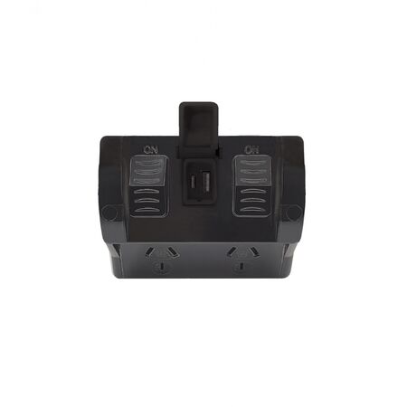 Hippo -u00a0Power Point Weatherproof 2 Gang 10A 250V USB Charger Dual Type A and C 3.4A 5V  Grey  x1 - HPPP2USB2GAC