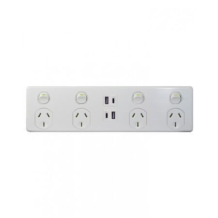 Leopard - Power Point 4 Gang 10A 250V Double Pole Plus 4 Gang USB Charger Fully Integrated Type A & C 3.1A Top 3.1A Bottom Green Indicator  x1 - LE4X4AC