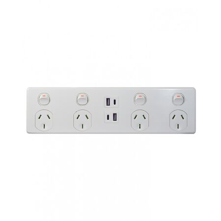 Puma - Power Point 4 Gang 10A 250V~ Double Pole Plus 4 Gang USB Charger Type A & C (3.1A Top & 3.1A Bottom)  x1 - PU4X4AC