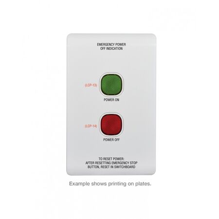 We can print on any Trader Mechanisms or plates!u00a0All our printing is done in Adelaide at the Trader Incubator.Please specify what TEXT is to go on the chosen mech when placing order with your local Wholesale Branch.u00a0Your branch can write this on your order to us in the NOTES section.How to order:u00a0SKCUSTOMMECHExample: 1x LESWPV2G 1x SKCUSTOMPLATENotes: Print on LESWPV2GTop - EMERGENCY POWER OFF INDICATIONBelow top switch - POWER ONLeft of top switch in RED - (LCP-13)Below bottom switch - POWER OFFLeft of bottom switch in RED - (LCP-14)Bottom of Plate - TO RESET POWER:..  x1 - SKCUSTOMPLATE