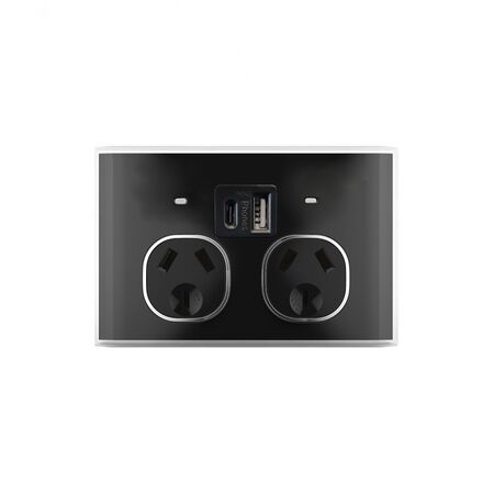 Snow Leopard - Power Point 10A 250V Auto Switched Fully Integrated Dual USB Charger (Type A and C) 5V 3.4A  Black/Black  x1 - SNPP2USBAUBB