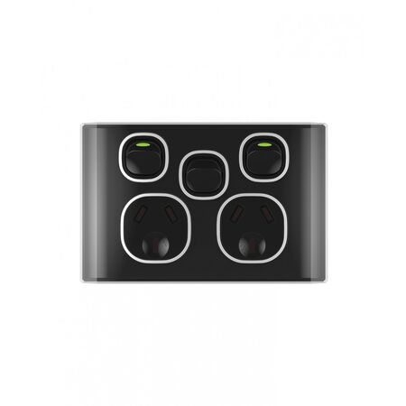 Snow Leopard - Power Point Switched 2 Gang 10A 250V~, With Removable Extrau00a0Swtich 16AX/20A, White Cover, White Grid  Black/Black x5 - SNPPSW2GBB