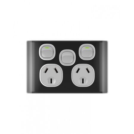 Snow Leopard - Power Point Switched 2 Gang 10A 250V~, With Removable Extrau00a0Swtich 16AX/20A, White Cover, White Grid  Black/Silver x5 - SNPPSW2GBS