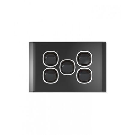 Snow Leopard -u00a0Switch Horizontalu00a05 Gang 16AX/20A 250V~, White Cover, White Grid  Black/Black x5 - SNSW5GBB